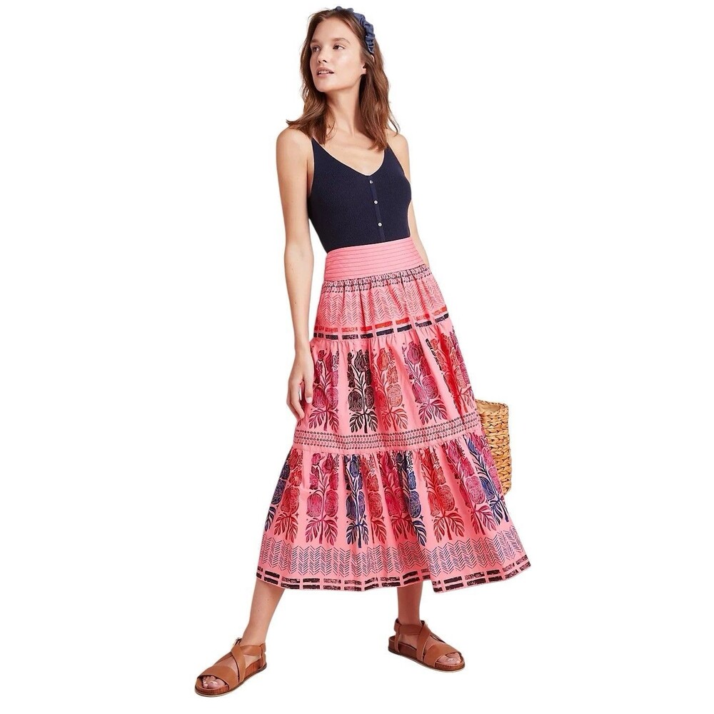 Anthropologie Bloomingprint Auberte Tiered Midi Skirt Floral Blockprint US0 EUC